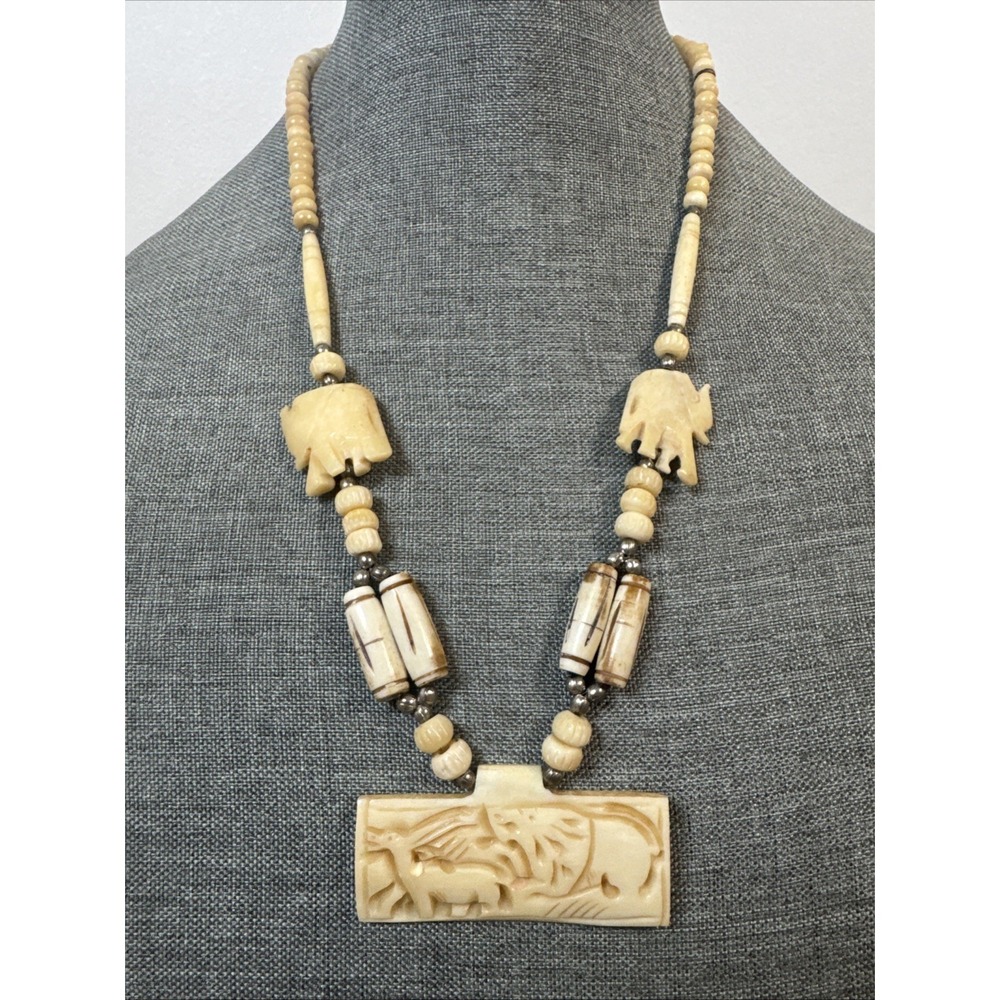 Vintage Native Carved Bovine Tribal Necklace Silver Metal Beads 25"